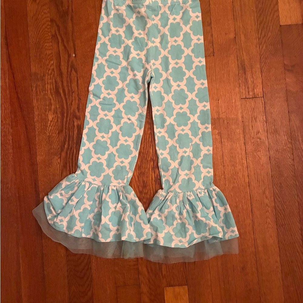 Mud Pie Blue and White Floral Ruffle Leggings